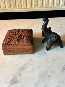 Ten Thousand Villages Elephant Figurine & Carved Wooden Box Mixed Lot