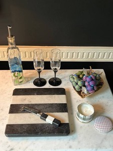 Mixed Home Decor Serving Lot With Glass Bottle, Flutes, Marble Cutting Board & Candle