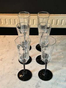 Faceted Clear Champagne Flutes With Black Stems (Lot of 6)