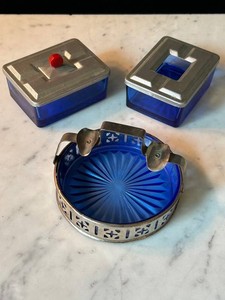 Mid-Century Art Deco Cobalt Blue Depression Glass Ashtray and Two Cobalt Blue Covered Boxes
