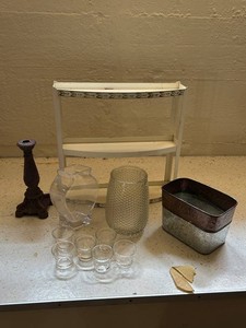 Mixed Lot Shelf, Candlestick, Glass Vases, Tin Planter & 6 Glasses