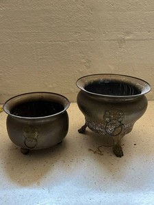 Pair of Lion Head Metal Planters  Cachepots