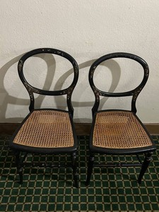 Black Cane-Seat Chairs with Intricate Mother of Pearl Inlaid Details on Backs(Lot of 2)