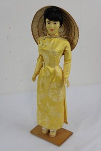 Asian Doll in Yellow Dress With Conical Hat