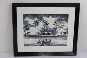 Oriental Framed Black and White Landscape Artwork 16.5 X 14 in