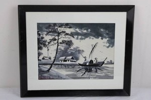 Oriental Framed Black and White Landscape Painting 16x14