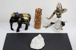 Asian Figurine Mixed Lot of 4 - Elephant, Dancer, Carved Figure & Buddha