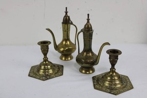 Brass Etched Cruet Set & Candlesticks Mixed Lot 6.5 inches