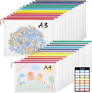 $21 YOPCDJ 24pcs Mesh Zipper Pouch Bags, 12 Colors Extra Large 12PCS A3 and 12pcs A4, Puzzle Bag for Organizing, Classroom Must Have Storage Bag, File Bags for School, Board Games and Office Supplies