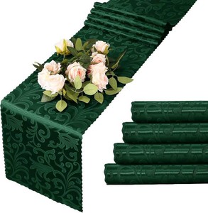 MILVOWOC Emerald Green Satin Table Runner, 4 Pack, 12 x 72 Inch  Jacquard Damask, Rectangle, Bright Silky, Decorative, Party Banquet Birthday Dinner Wedding Table Decor