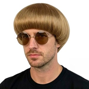 PARTY ZONE Blonde Mushroom Wig with Round Sunglasses and Hair Cap Bowl Cut Wigs Men for Halloween Party Wigs Short Blonde Funny Wig for Man Blond Bob Hair With Bang for Christmas Cosplay Costume