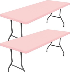$21 Moosfor Spandex 4 Foot Rectangle Table Cloth 2 Pack, Elastic Fitted Tablecloths for Picnic, Stretch Washable Patio Table Cover for Outdoor, Camping, Banquet and Parties (Pink, 24x48)