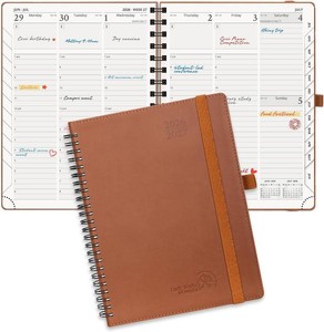 $23 POPRUN Planner 2026-2027 (Medium - 6.5 x 8.5) Academic Weekly Calendar (July 2026 - June 2027) with Hourly Time Slots, Monthly Tabs, 100GSM Thick Papers, Spiral Leather Cover - Grey - Brown