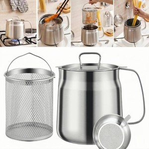 $24 68oz 304 Stainless Steel Deep Fryer Pot with Basket & Strainer, Large Capacity Bacon Grease Container for Kitchen,Frying, Cooking, Camping,Oil Filter Container - Dishwasher Safe (68oz2L2.1Qt)