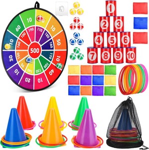 $40 Hungdao 3 Sets Carnival Games Combo Set, Dart Board with Balls Plastic Cones Ring Bean Bags Toss Game for Boys Girls Adults Family Birthday Yard Indoor Outdoor