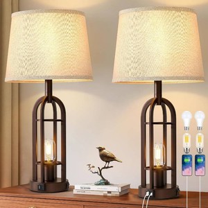 $80 SRJJA Table Lamps for Living Room End Table Set of 2 - Farmhouse Industrial Bedside Lamps for Bedroom Nightstand with Nightlight and USB AC, 4 Bulbs Included