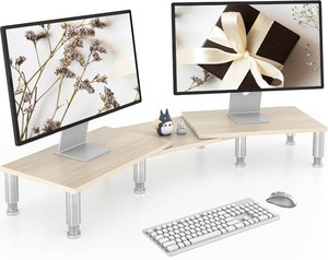 $25 AX Waber Dual Monitor Riser - Adjustable Length & Angle, Wooden Stand for 2 Monitors with Storage