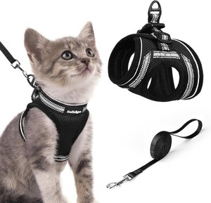 rabbitgoo Cat Harness and Leash Set, Step-in Soft Vest, Black  Escape Proof, Lightweight, Easy-on & Adjustable, Hook & Loop with Buckle, Reflective, for Kittens & Small Cats Walks, S
