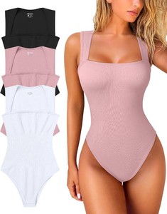 $36 OQQ Womens 3 Piece Bodysuits Sexy Ribbed Strappy Square Neck Sleeveless Tummy Control Tank Tops Bodysuits Size L