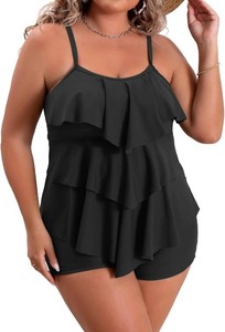 $39 B2prity Women Plus Size Tankini Swimsuits Tummy Control Two Piece Bathing Suit Ruffled Flounce Swimwear with Shorts