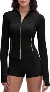 $49 SUUKSESS Women Golden Full Zip Up Workout Cropped Jackets Lightweight Athletic Yoga Tops Size L