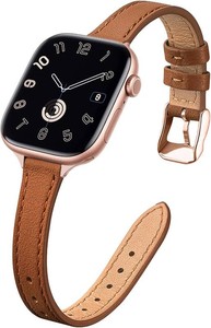 STIROLL Slim Leather Bands Compatible with Apple Watch Band 38mm 40mm 41mm 42mm(Series 11 10), Top Grain Leather Watch Thin Wristband for iWatch SE 9 8 7 6 5 4 3 2 1 (Brown Rose Gold)