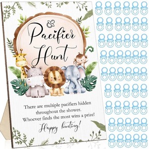 Roowest 51 Pcs Pacifier Hunt BabyShower Games Include Wooden Hunt Sign and 50 Acrylic Mini Plastic Pacifiers for BabyShower Game Decoration Gift Sets Gender Reveal Party