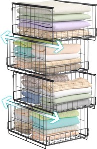$37 4-Tier Stackable Closet Organizer and Storage Shelves, Sturdy Metal Clothing Baskets, Foldable Space-Saving Bins for Wardrobe, Sweaters & Accessories, Bedroom & Dorm, Black