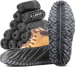 X-Large 50 Pack Shoe Covers Disposable Non-Slip, Black Non-Woven Fabric Boot Covers, Stretchable Fits Up to Size 13 US Men (Black, 50 Pack)