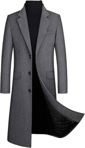 $65 xxxiticat Mens Winter Trench Coat Long Sleeve Notch Lapel Single Breasted Quilted Cotton Long Overcoat Jacket Wool Pea Coat