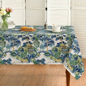 Horaldaily Chinoiserie Tablecloth 60x84 Inch Rectangular, Seasonal House Trees Vintage Style Mountain Fall Washable Seasonal Table Cover for Party Picnic Dinner Decor