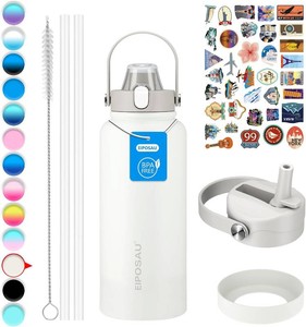 Insulated Water Bottle with Lid & Boot & Stickers, 32 oz Stainless Steel Sweat Free Bottle Keep Cold 24H, BPA-Free Sports Wide Mouth Water Bottle, Off-White