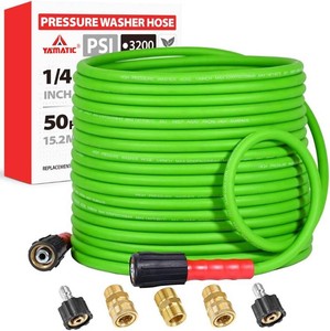 $35 YAMATIC Super Flexible Pressure Washer Hose 50FT for Power Washer Replacement, Kink Resistant Extension With Leak-Free M22 Female & 38 Quick Connect Adapters, 14 3200 PSI, Green