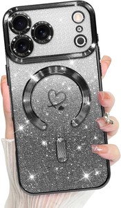 Bonoma Compatible with iPhone 17 Pro Max Case 2025 Heart Glitter -Black  Support for MagSafe, Plating Magnetic Case TPU Camera Protection Back Cover for Phone Case