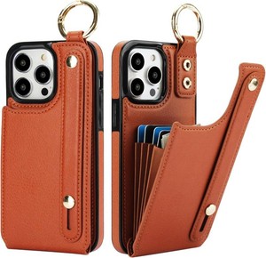 $27 Folosu for iPhone 14 Pro Max Wallet Case with Card Holder, Hand Wrist Strap Loop Holder Kickstand, RFID Blocking Finger Grip Ring PU Leather Double Buttons Shockproof Cover 6.7 Brown