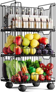 $36 Metal Storage Carts with Wheels, 3 Tier Rolling Cart Organizer, Stackable Pantry Storage Cart, Fruit and Vegetable Storage Basket, Metal Wire Storage Baskets for Kitchen Vegetable Storages Rack