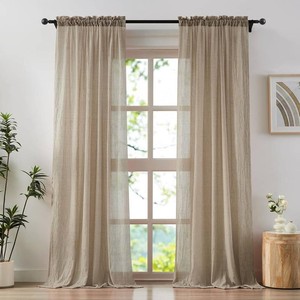 $32 Anpark Tan Beige Sheer Curtains 90 Inches Long for Living Room, Bedroom Light Filtering Cotton Linen Textured Crinkle Sheer Drapes Rod Pocket Lightweight Thin Curtains, W52 x L90 in, 2 Panels