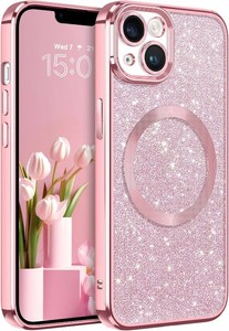 DOMAVER for iPhone 13 Case, Phone Cases with Magnetic Compatible with MagSafe Luxury Clear Glitter Bling Sparkly Shockproof Protective Cover Full Camera Lens Protector for Women Girls- Pink