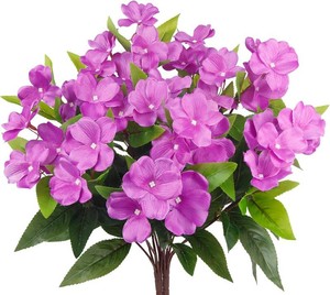 2 Pcs Artificial Impatiens Flowers for Outdoors Silk Flower Outside UV Resistant Fake Flowers Plants Bushes Purple Faux Impatiens for Outdoor Planters Front Porch Patio Garden Balcony Decor
