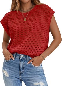 Zeagoo Womens Spring Summer Crochet Tops Cap Sleeve Sweater Vest Hollow Out Pullover Shirts Beach Vacation Clothes Size S
