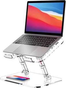 $27 Lpoake Acrylic Laptop Stand for Desk, Adjustable Ergonomic Laptop Riser, Portable Foldable Computer Stand, Compatible with 10 to 15.6 Inches Notebook and MacBook, Clear
