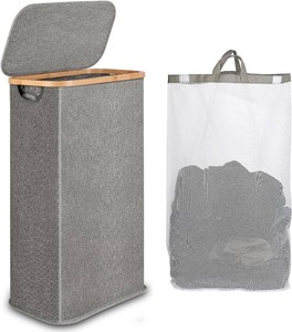 iEGrow 65L Slim Laundry Hamper, Narrow Laundry Basket with Lid,Foldable Clothes Hamper with Bamboo Handles,Hamper Basket with Removable Inner Bag for Laundry Room Bedroom College Dorm,17.17 Gals Grey