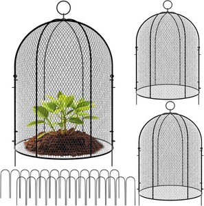 $47 Novabright 2 Pack Garden Cloches for Plants 12 x 16 with Stakes & Zip Ties, Plant Covers from Animals Large Metal Mesh Chicken Wire Cloche Plant Protector Cage for Vegetable Garden Outdoor (Black)