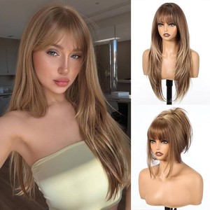 HAIRCUBE Long Straight Wigs for Women Layered Synthetic Wig with Bangs Brown Color for Daily