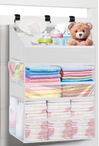 $24 Hanging Diaper Caddy Organizer Crib Organizer Spacious Baby GirlBoy Nursery Organizer for Changing Table, PlaypenWall- Hold 90 Diaper (White)