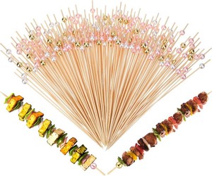 100 Pcs 8 Inch Long Cocktail Picks Fancy Toothpick for Appetizer Bamboo Cocktail Stick for Fruit Drink Dessert Barbecue Charcuterie Pearl Skewer for Wedding Birthday Baby Shower Party (Colorful)