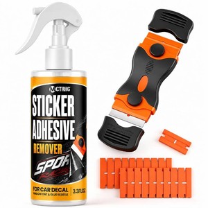 Adhesive Sticker Remover for Removing Car Decal, Window Tint, Glue Residue - 3.3 oz Spray & Scraper with 19 Plastic Razors, Rapid-Remove Multi Stickers on Cars, Windshield, Glass, Wall, Boat