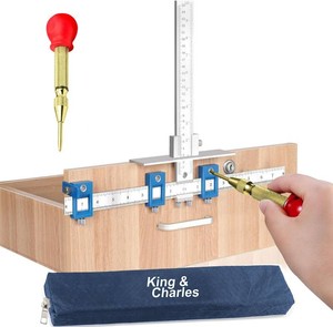 $23 King&Charles Cabinet Hardware Jig, Metal Cabinet Handle Jig with Automatic Center Punch, Perfect Set - Avoid Jitter Caused by Direct Drilling, Use for Handles and Pulls on DrawersDoors.