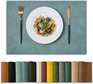 $21 Artoid Mode Blue Faux Leather Placemats Set of 6, 12x18 Inch Waterproof Wipeable Heat Resistant Vinyl Place Mats, Reversible Table Mats for Winter Kitchen Dining Decor