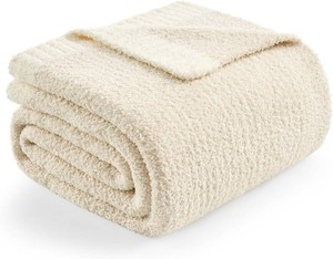 $26 Snuggle Sac Buttery Ivory Throw Blanket for Couch, Reversible Super Soft Knitted Blankets, Warm Cozy Knit Fuzzy Plush Lightweight Throws Dupes for Sofa, Bed, Picnic, Ivory, 50 x 60 inches